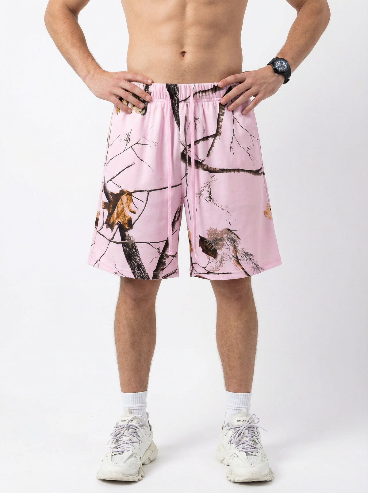 240GSM Unisex Branch Print Relaxed Fit Quick-Dry Cotton Shorts Light Pink
