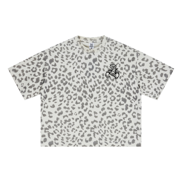 240GSM Unisex Boxy Leopard Print Heat-Transfer Loose T-shirt Gray apricot