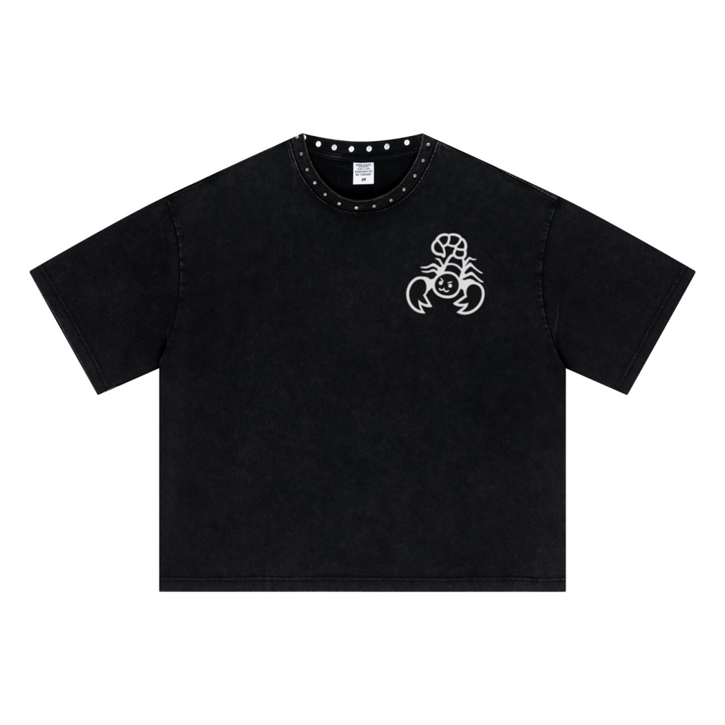 310GSM Men’s Boxy-Fit Distressed Fried-Color Snow-Wash Studded Loose T-shirt Vintage black