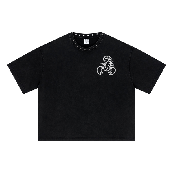 310GSM Men’s Boxy-Fit Distressed Fried-Color Snow-Wash Studded Loose T-shirt Vintage black