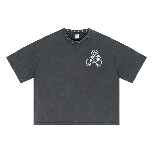 310GSM Men’s Boxy-Fit Distressed Fried-Color Snow-Wash Studded Loose T-shirt Vintage dark gray